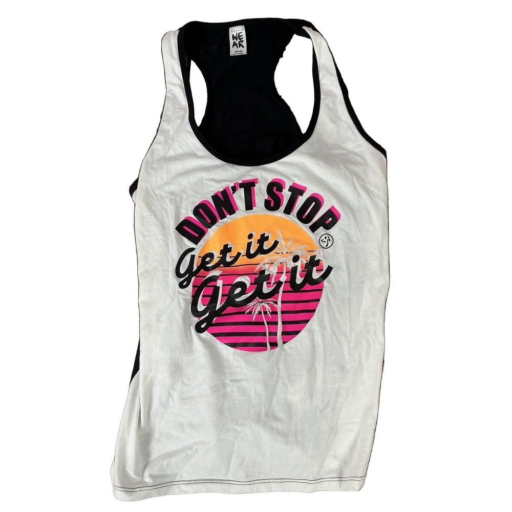 Zumba Don't Stop Get it Get it Tank Top XLovely White Black Racerback Instructor